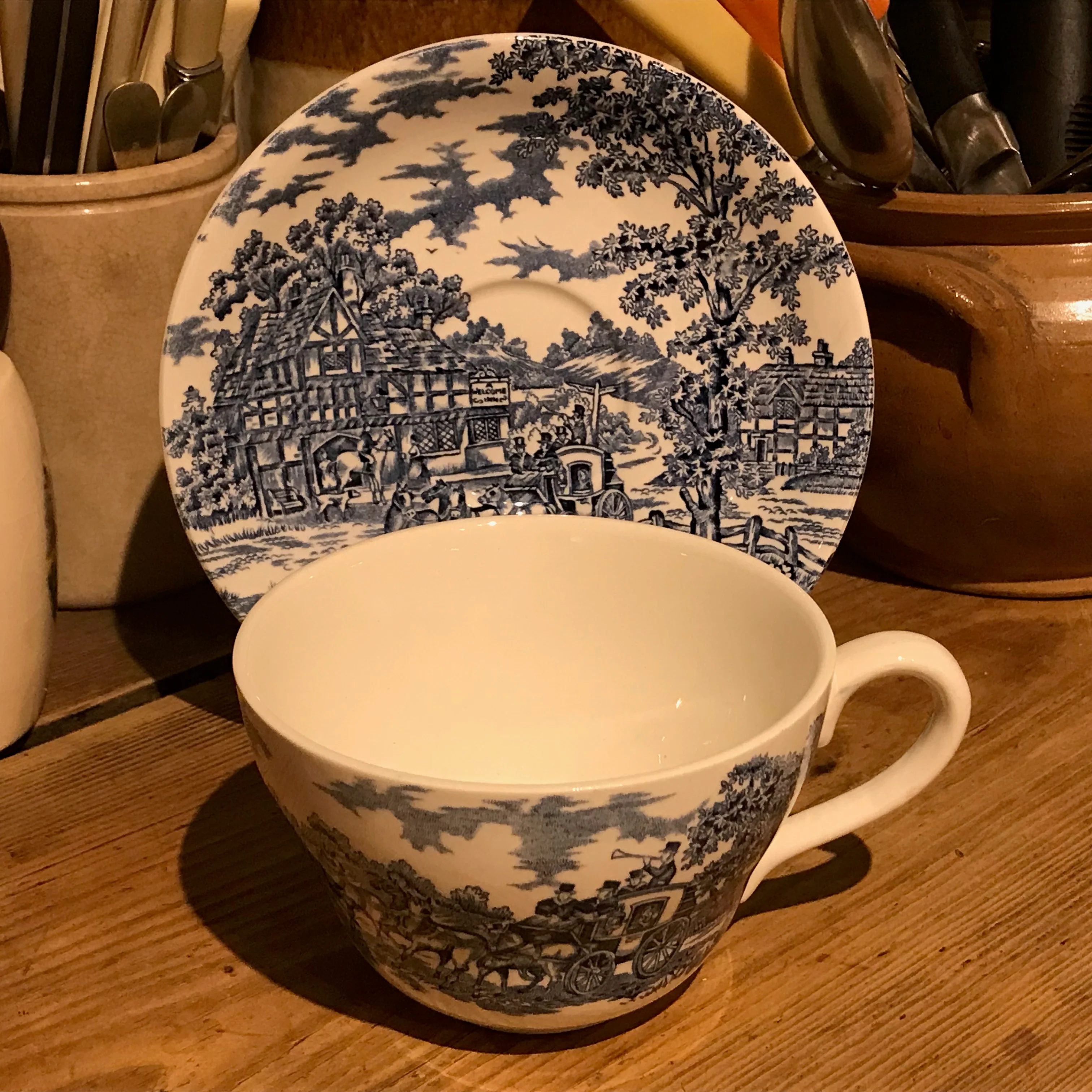 Myott Son & Co Coaching Days large breakfast cup and saucer blue and white china - Image 3