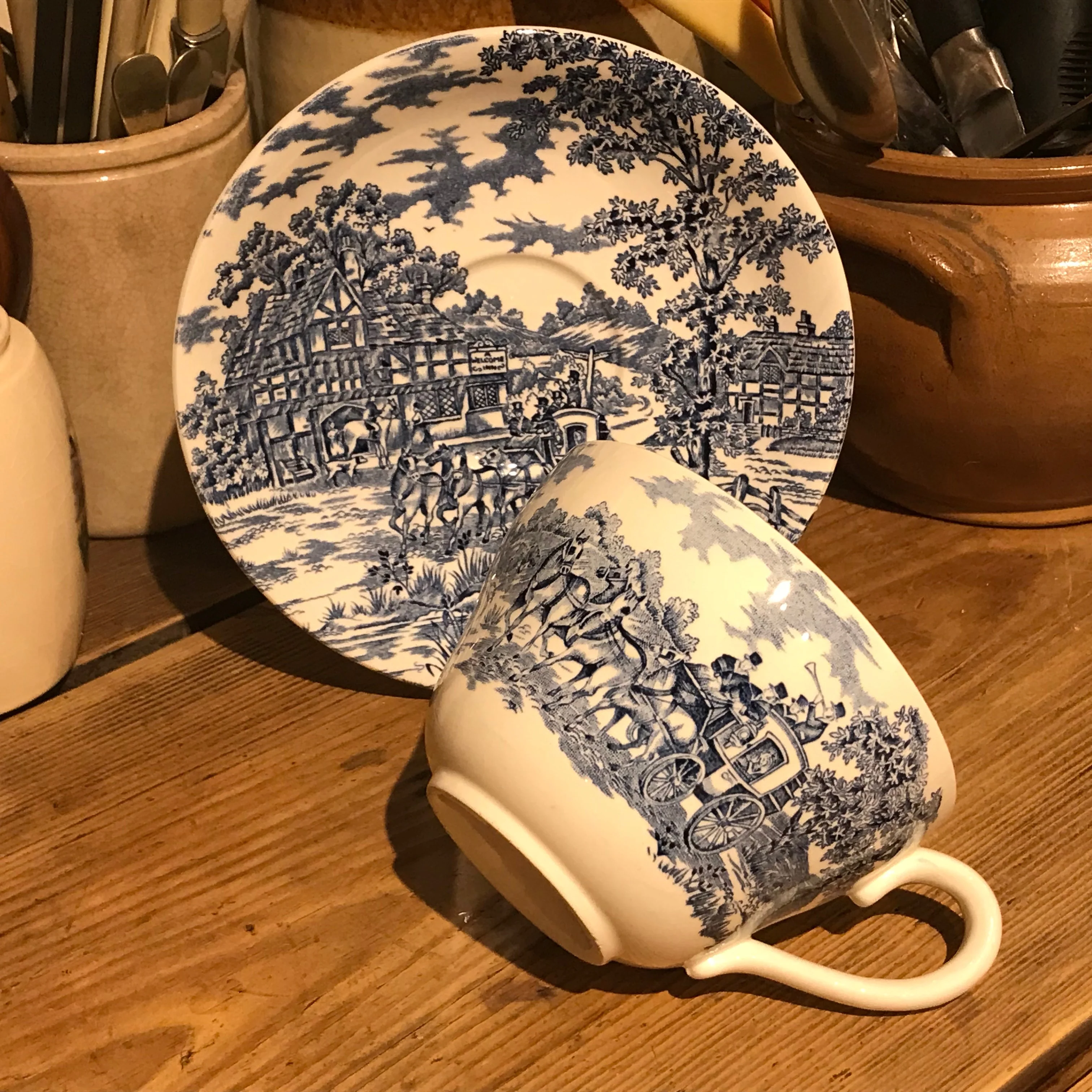 Myott Son & Co Coaching Days large breakfast cup and saucer blue and white china - Image 4